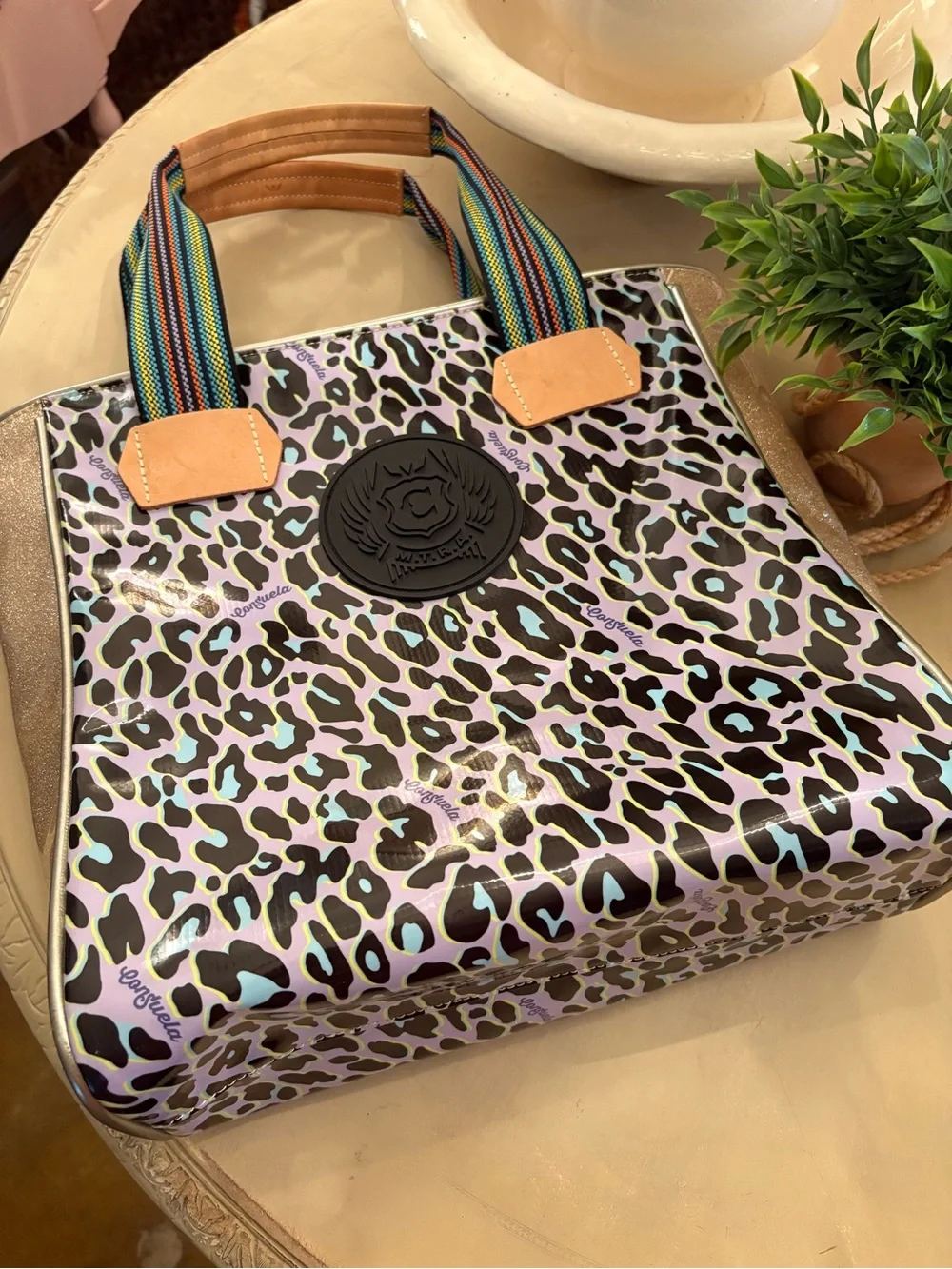 Leopard Print Tote Bag with Rainbow Straps - Multicolor
